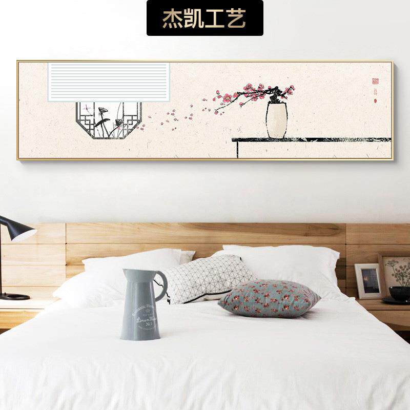 新中式床头挂画中国风客厅装饰画禅意卧室古风长横板壁画厚板壁画