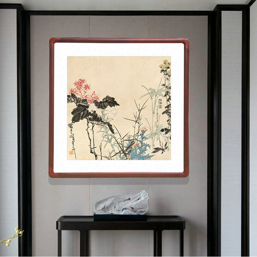 国画斗方形字画客厅玄关装饰画办公室书房挂画潘天寿雁荡山花图
