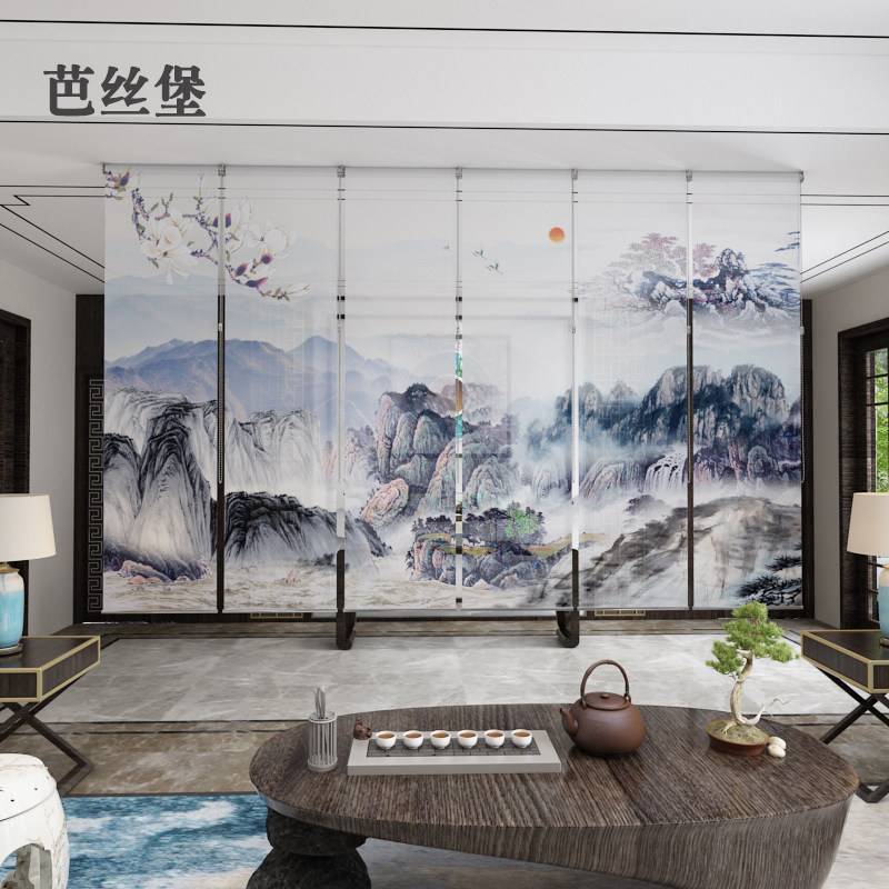 卷帘窗帘升降悬挂帘子软隔断屏风客厅新中式办公室装饰山水画遮光