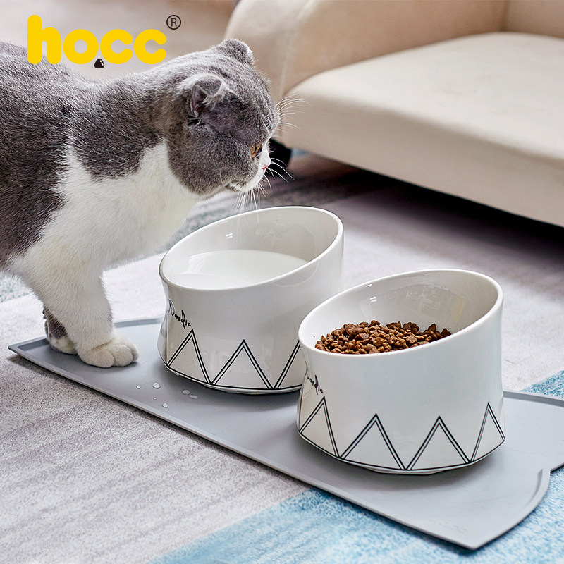 陶瓷宠物猫咪碗保护颈椎猫粮碗吃饭碗猫狗食盆斜口猫咪碗高脚水碗