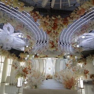 新款婚庆道具雕花椭圆灯箱背景弧形吊顶婚礼堂现场全套装饰铁艺