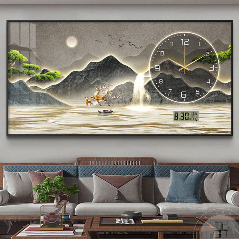 威弗列德餐厅时钟挂画山水家用客厅电子钟挂墙万年历新款钟表挂钟