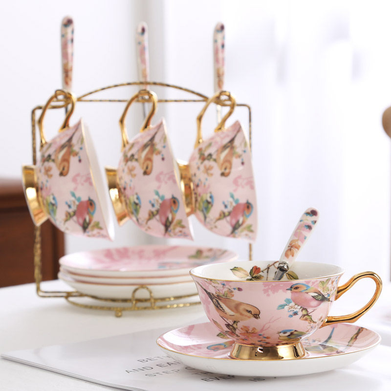 韩尚宅品田园风粉色花鸟欧式咖啡杯下午茶红茶骨瓷咖啡套装礼盒装