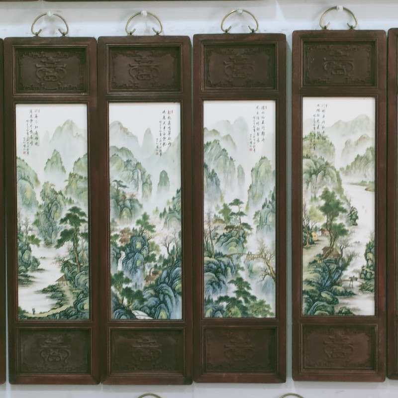 仿古实木框陶瓷瓷板画四条屏山水花鸟墙壁挂画屏风玄关装饰