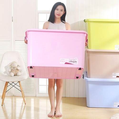 55L大号58x45x35cm透明有盖塑料加厚滑轮储物整理收纳周转胶箱子