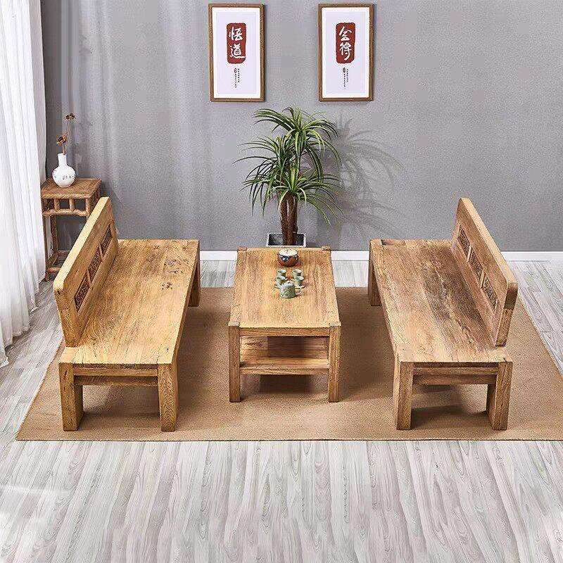 中古风罗汉床老榆木沙发实木连排靠背椅小户型直排座椅酒店沙发椅