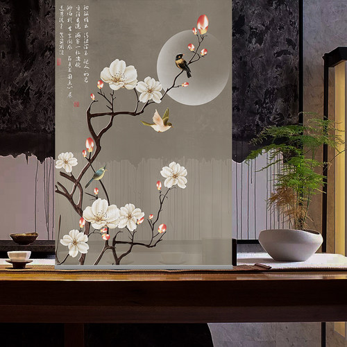 新中式挂帘软屏风隔断帘玄关帘客厅升降手拉透明帘柔纱帘卷帘花鸟