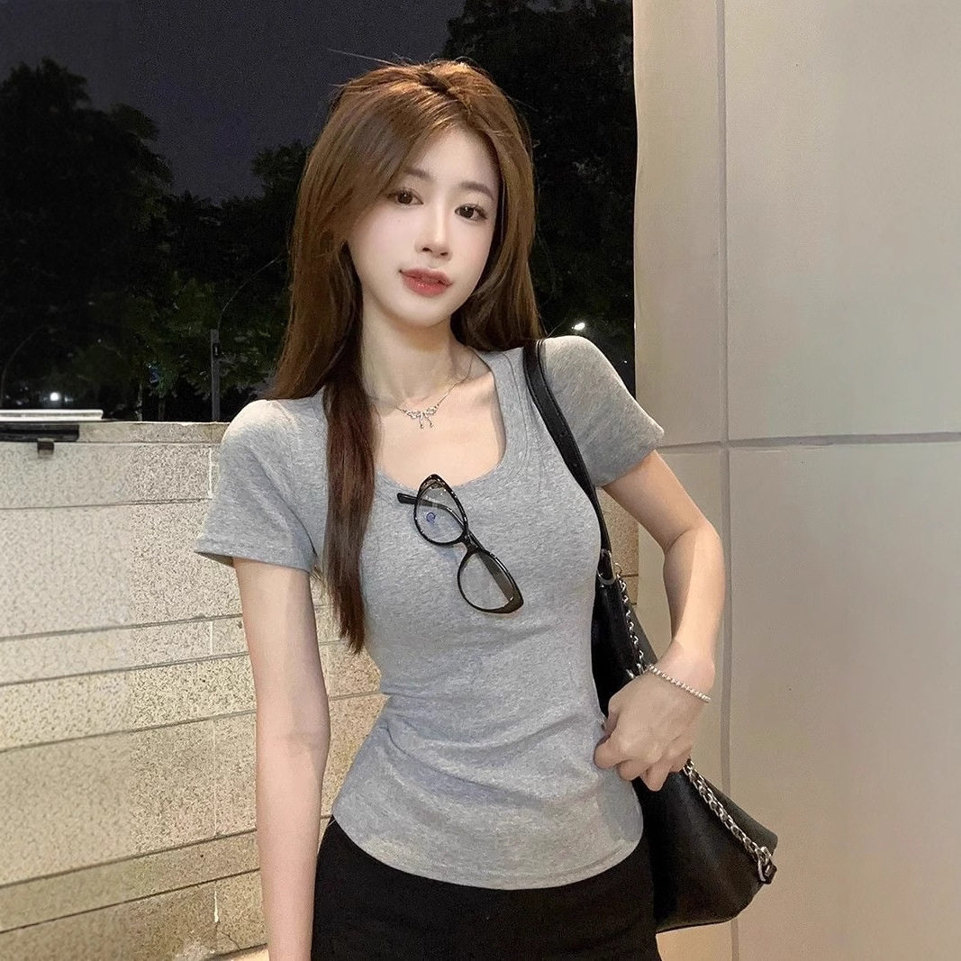 纯欲辣妹白色正肩短袖t恤女夏季大U领性感收腰修身显瘦短款收腰 - 淘宝联盟商品