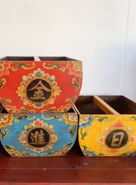 新中式仿古实木米斗摆件手绘收纳盒储物罐日进斗金家居装饰品花器