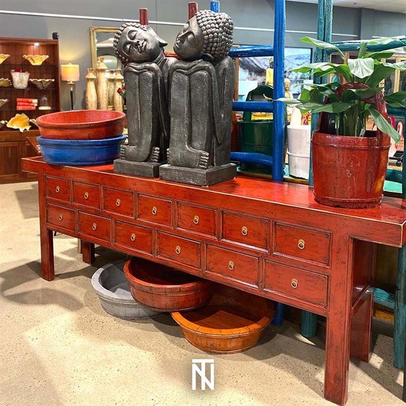 新中式实木隔断柜诧寂风入户玄关柜做旧长条案酒店民宿大堂家具风