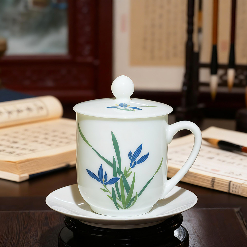 振美醴陵中式兰草陶瓷茶杯带盖单杯 手绘泡茶杯瓷器办公杯 礼盒装