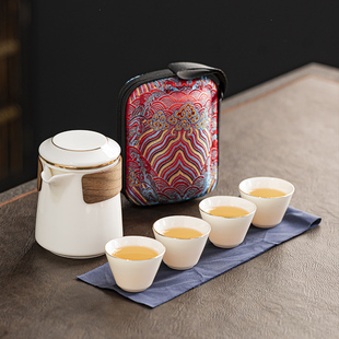 羊脂玉旅行茶具套装 包防烫功夫茶具陶瓷白瓷快客杯 一壶四杯便携式