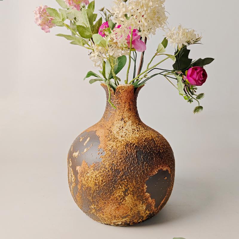 仿真石榴陶瓷花瓶粗陶瓶插花复古粗陶窑变手工民宿酒店禅意摆件