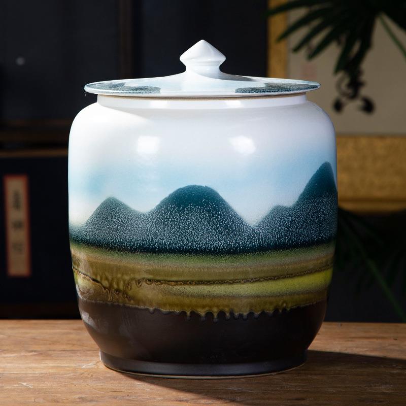 帛画新品景德镇陶瓷米缸传统工艺储存小瓷缸简约厨房窑变釉山水米