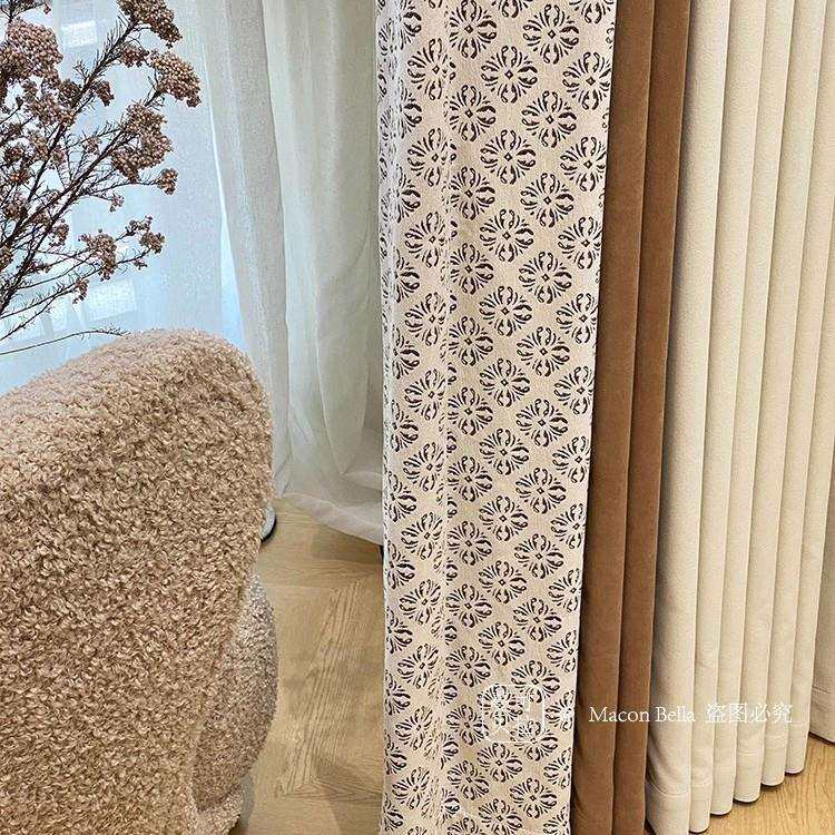 客厅窗帘轻奢现代简约卧室书房中古美拉德老钱风拼接雪尼尔遮光布