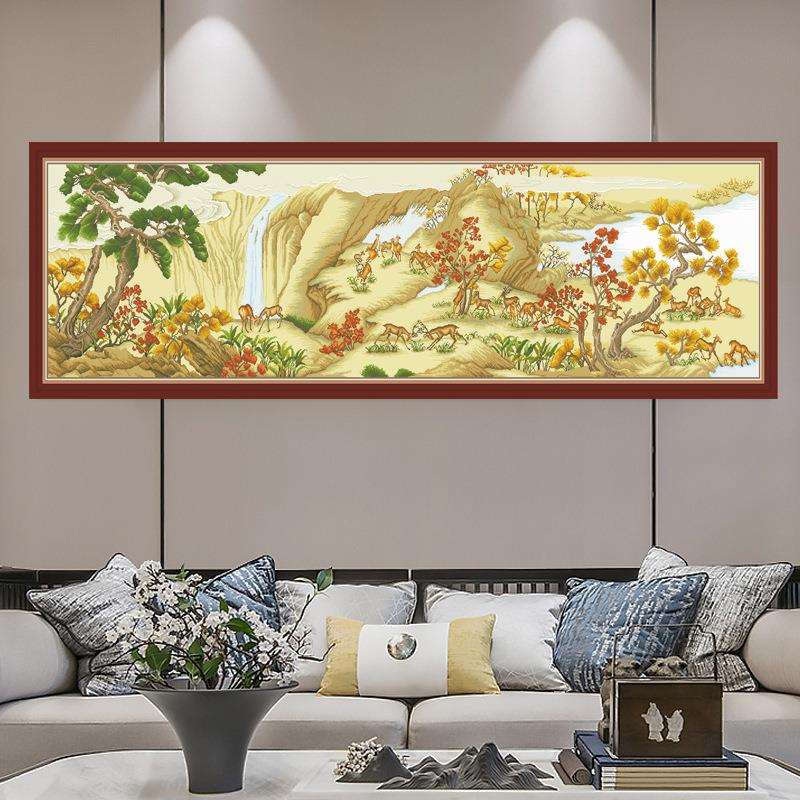 百鹿图十字绣2024新款大副客厅沙发玄关风景图现代简约风格手工绣