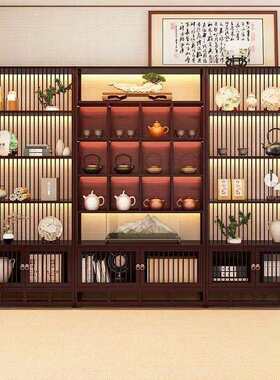 博古架中式楠竹轻奢带灯商样品展示架茶壶杯子珠宝多格展示柜
