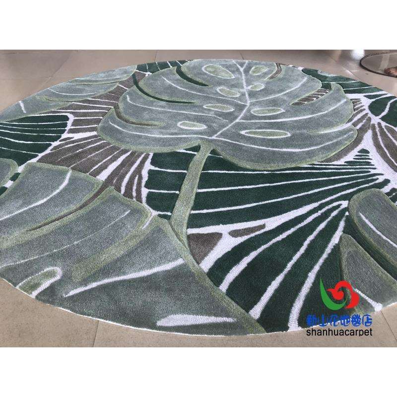 现代简约抽象植物叶子圆形手工羊毛客厅茶几地毯餐厅书桌卧室玄关
