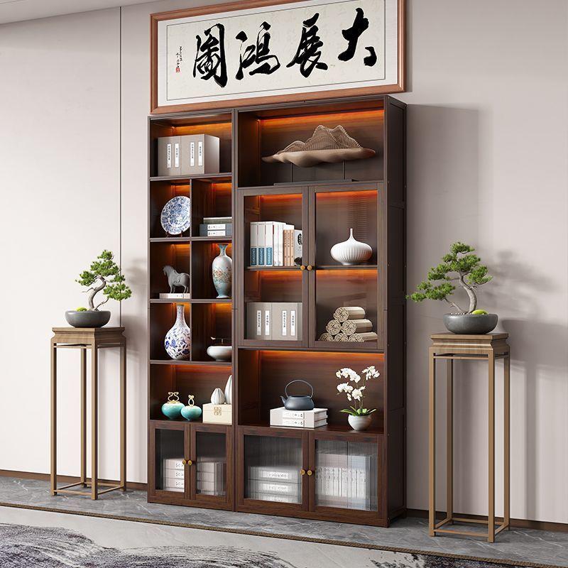 新中式玻璃门博古架茶室背景架多宝阁架商用隔断架书柜带灯展示柜