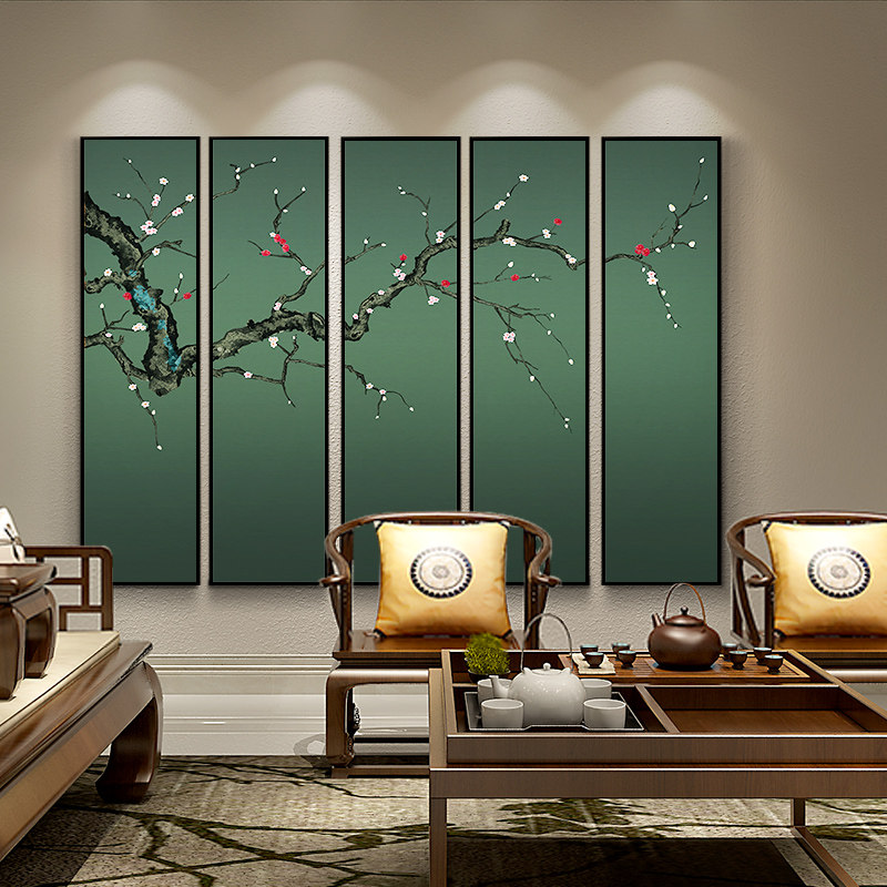 新中式四联梅花挂画竖幅沙发后背景墙装饰画玄关书房客厅禅意淡雅