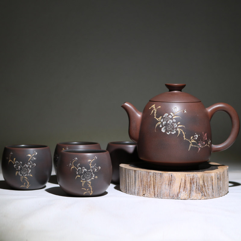 福源陶 邓雪琴纯手工制泥兴荷花桃花广西钦州坭兴陶茶壶珍藏套装