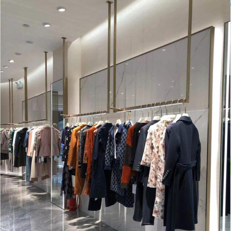 服装店展示架吊顶架带灯男女装挂衣架不锈钢拉丝侧挂橱窗架陈列架