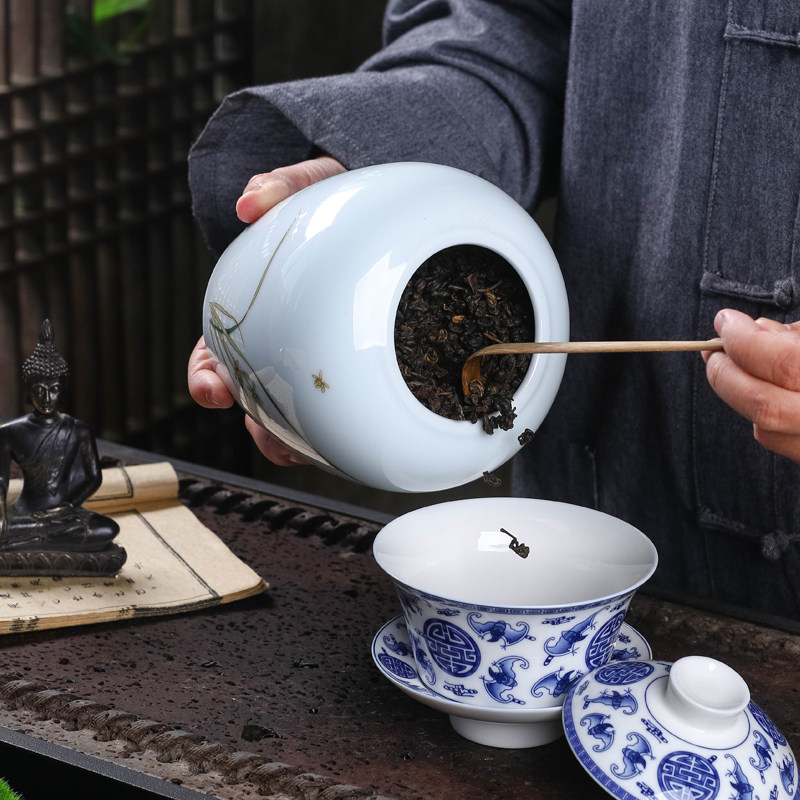 大码茶叶罐陶瓷密封罐防潮大号家用放茶叶的茶罐容器半斤装复古风