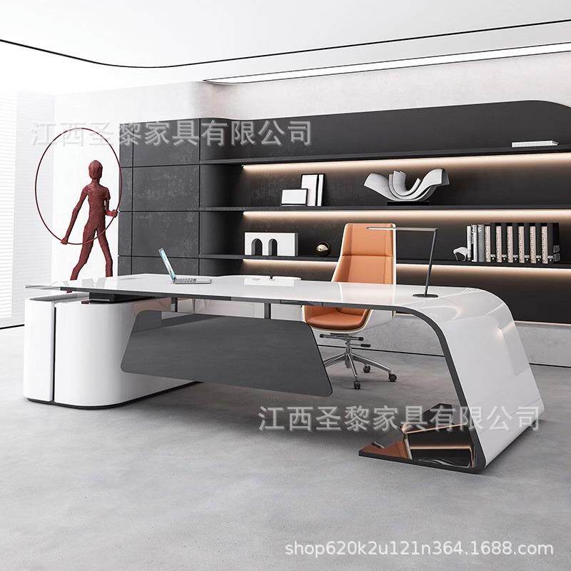 钢琴烤漆办公桌设计师创意高端总裁老板桌时尚白色经理主管大班台