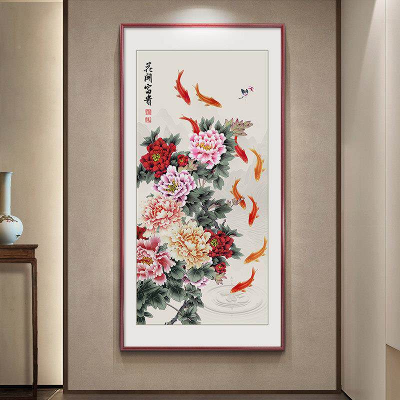 花丹富贵画新挂中式牡XB2345花鱼图玄关装开饰画入户正对门走廊竖