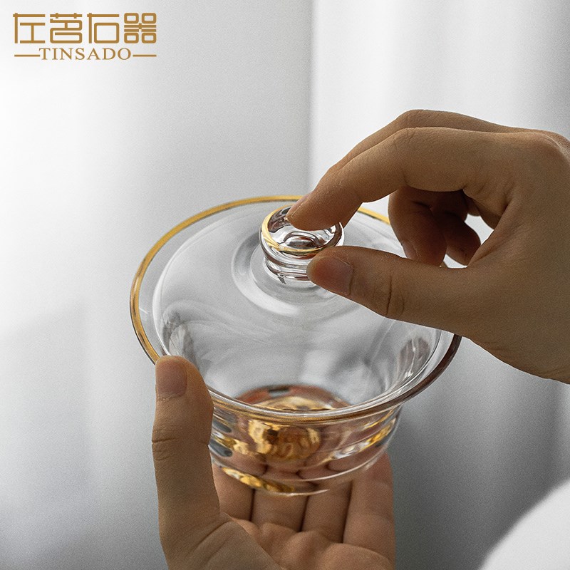 左茗右器日式高端藏金玻璃盖碗茶杯加厚描金泡茶碗单个功夫茶具