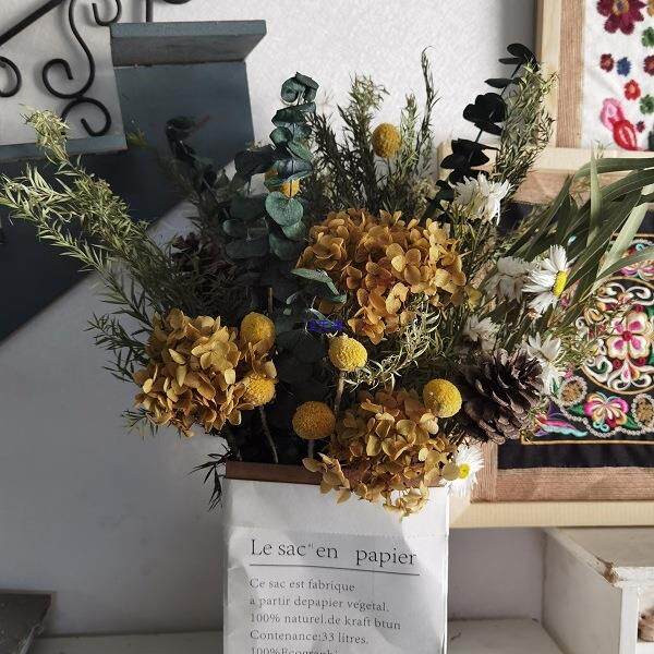 美式乡村干花纸皮抱袋组合永生尤加利丹斯菊向日葵花艺摆件