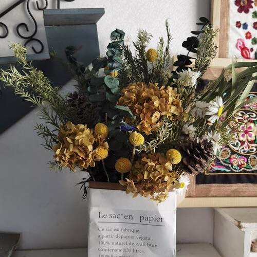 美式乡村干花纸皮抱袋组合永生尤加利丹斯菊向日葵花艺摆件