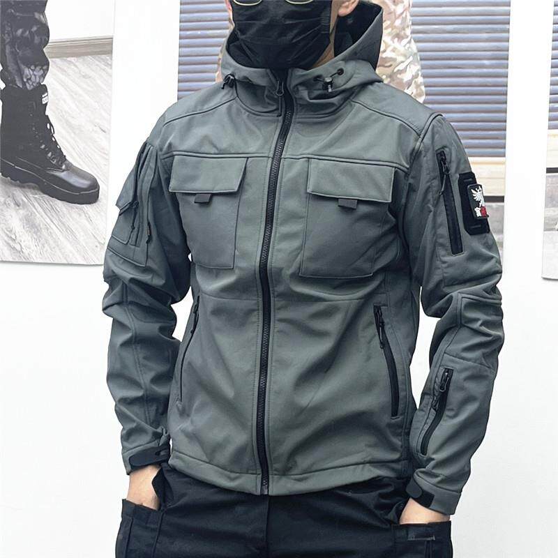 男春秋修身软壳战术甲壳虫软骑行短夹衣克抓绒灰弹力冲锋防户外套