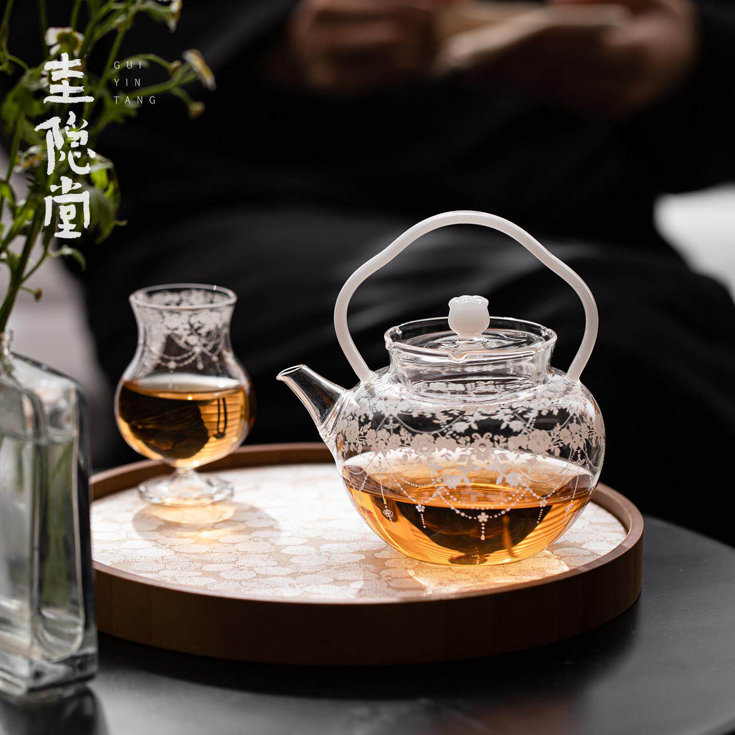 圭堂高硼硅耐高热玻璃提梁壶档家用女士泡茶茶絮语如意壶小号单壶