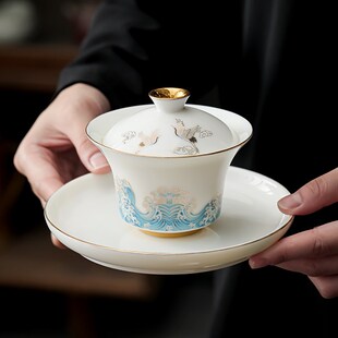 盖碗大号青花瓷三才杯陶瓷敬茶杯带壶承托盘釉下彩功夫茶具白瓷