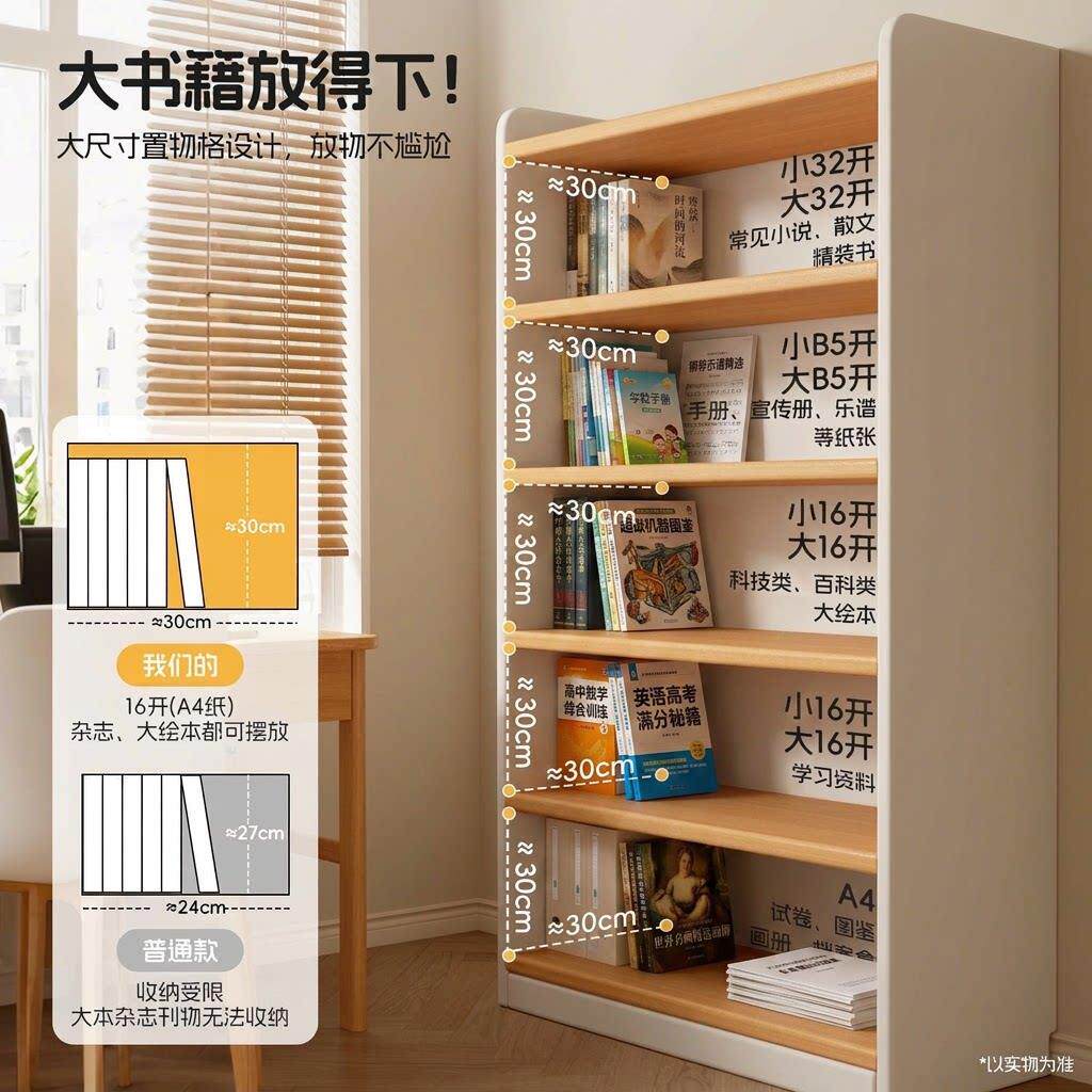 实木书架置架落地客厅一体靠多层收物纳物柜储柜儿童墙书柜书架卧