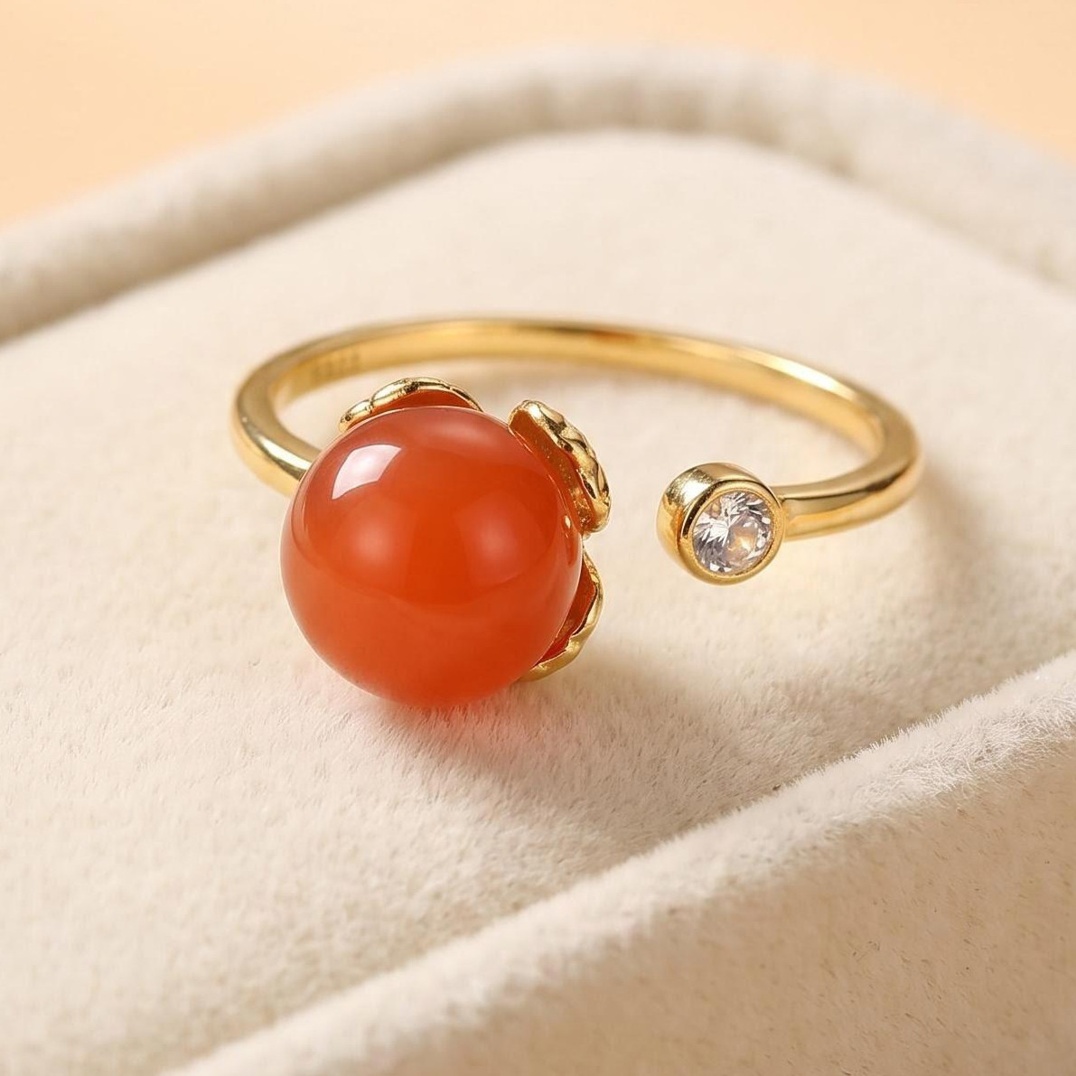 （若禧珠宝）天然南红玛瑙圆珠开口戒指S925银镶嵌钻开口指环女款