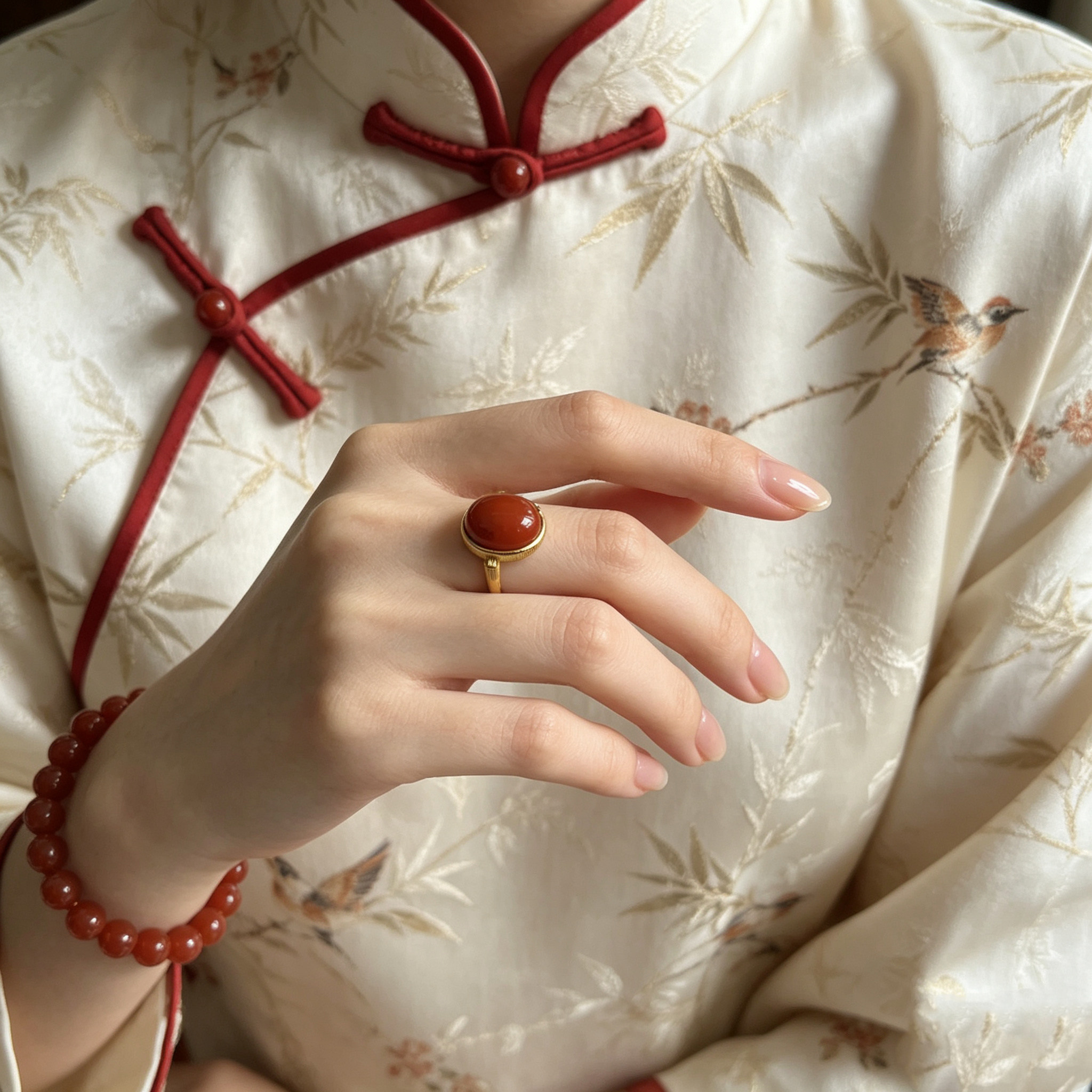 （若禧珠宝）天然南红玛瑙蛋面戒指法式拉丝纹银戒托轻奢百搭手饰