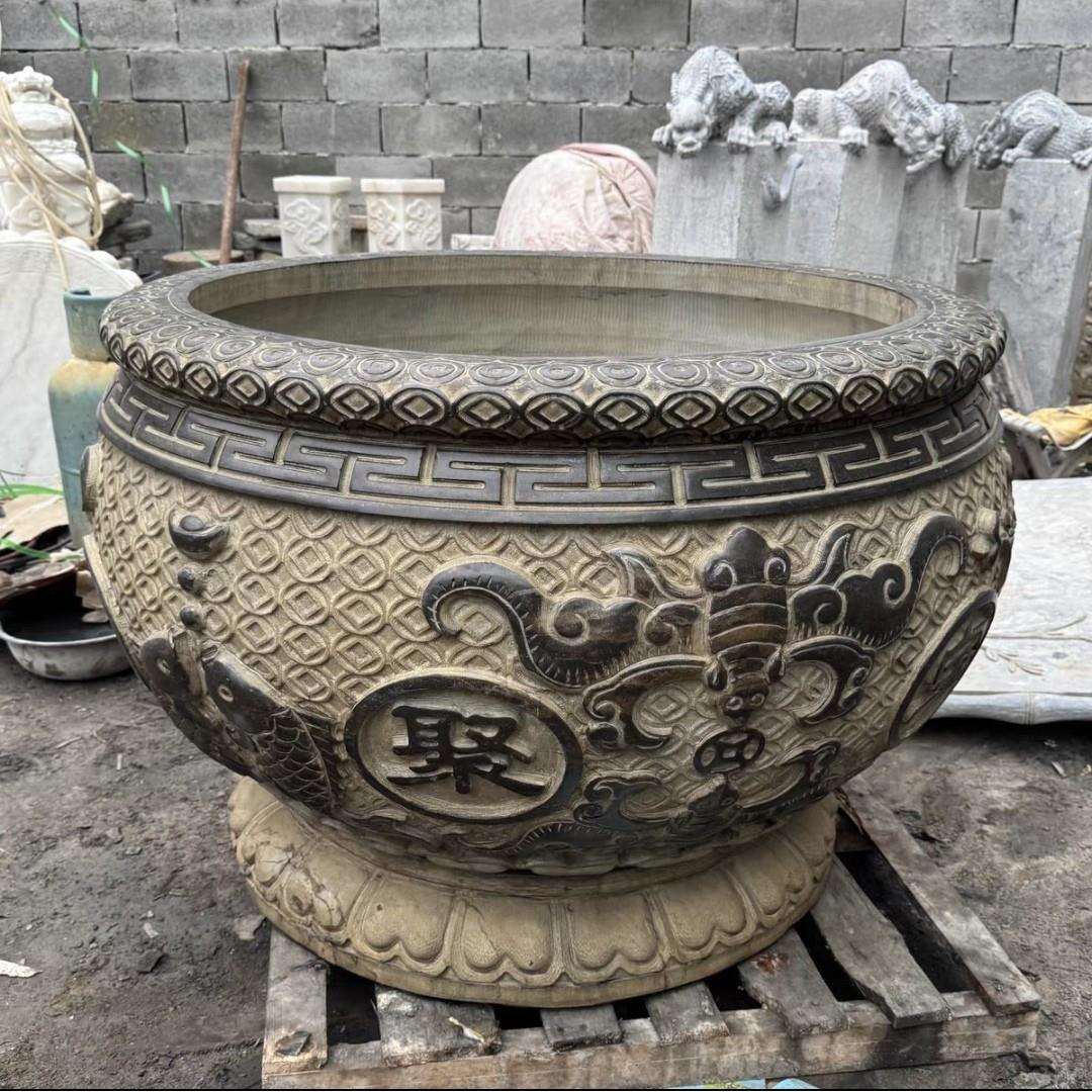 青石做旧石雕水缸别墅庭院百福聚宝盆户外流水摆件水景圆缸摆件