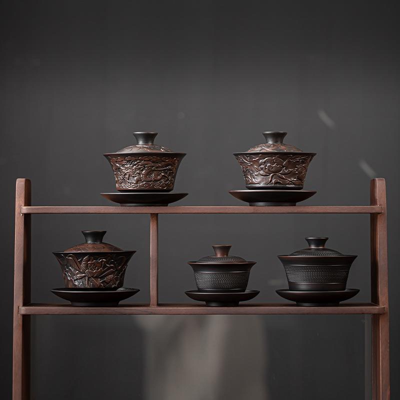 清溪紫陶三才盖碗中式堆雕工艺手工陶瓷防烫茶杯茶碗复古单个茶具