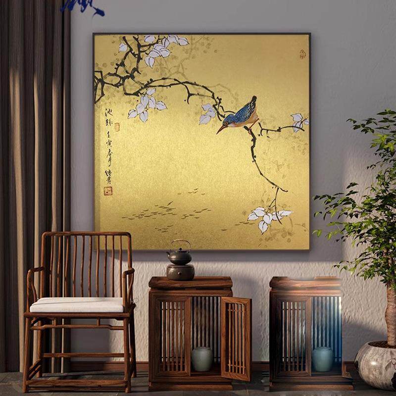 新中式禅意金箔花鸟图工笔画茶室客厅装饰画入户玄关壁画方形挂画