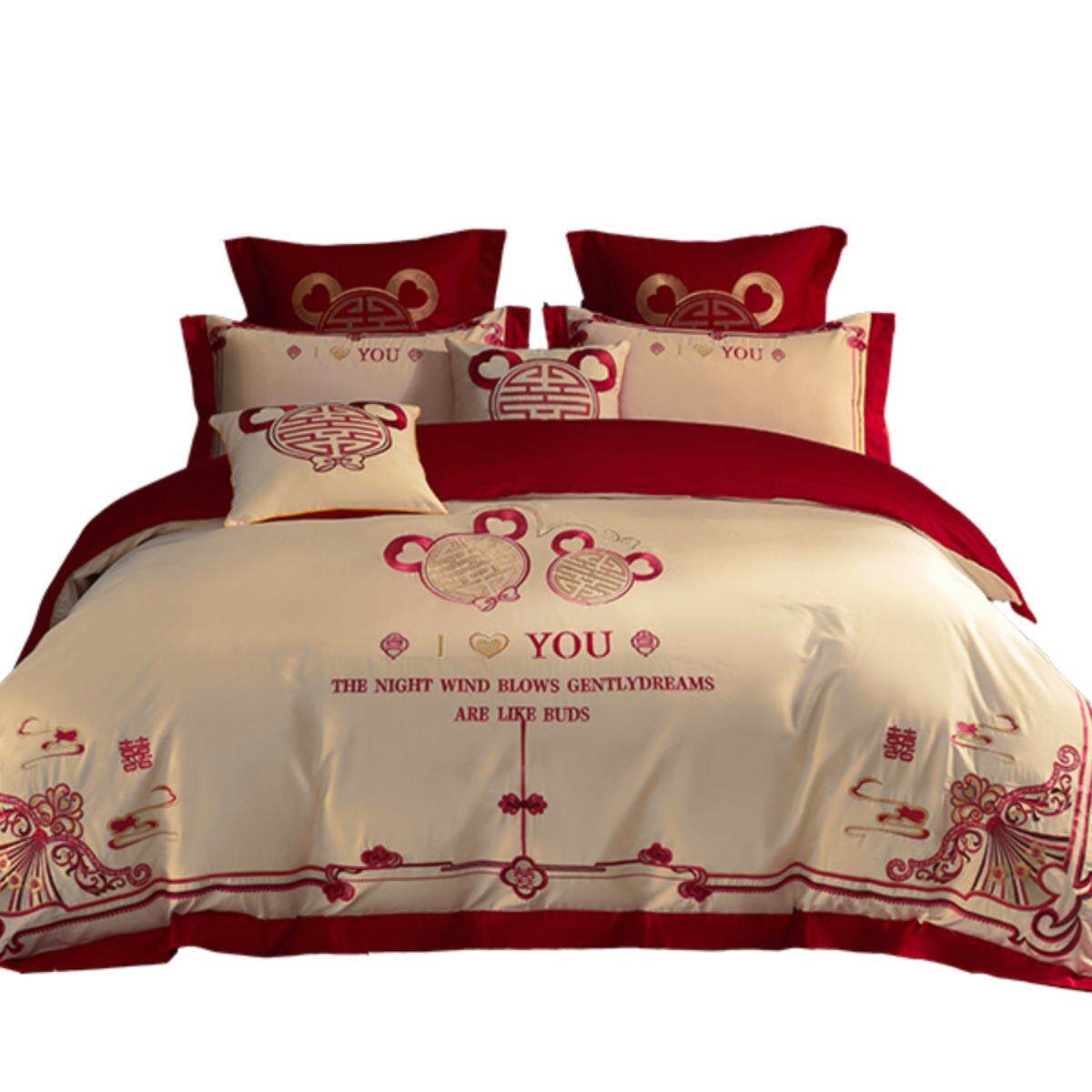 高端100支长绒棉婚庆四件套全棉纯棉结婚礼大红色公主风床上用品4