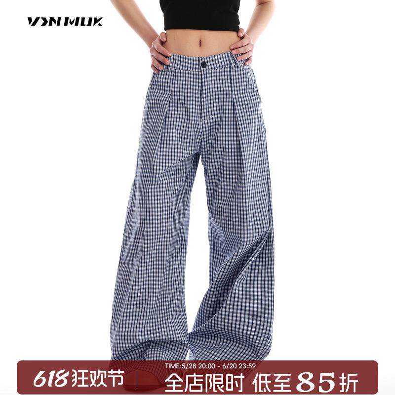 VINMUK褶皱蓝色格子裤薄款休闲裤女夏季美式松弛感宽松阔腿长裤子