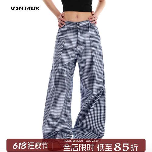 VINMUK褶皱蓝色格子裤薄款休闲裤女夏季美式松弛感宽松阔腿长裤子