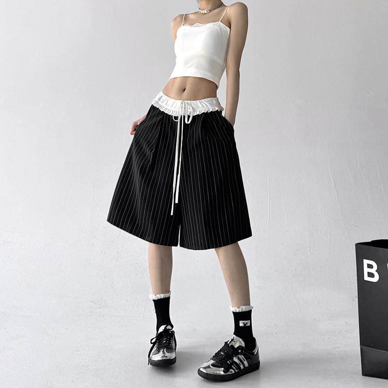 复古显瘦条纹西装裤女2025夏季新款美式低腰宽松卫裤直筒五分裤子