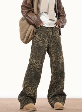 0123Start 美式覆古小众豹纹牛仔裤男女宽松潮牌嘻哈街舞直筒裤