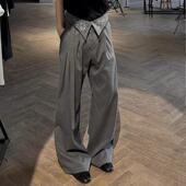 剑道飘带垂坠感休闲长裤 IWTFF 禅宗打褶刺绣直筒微喇高腰条纹西裤