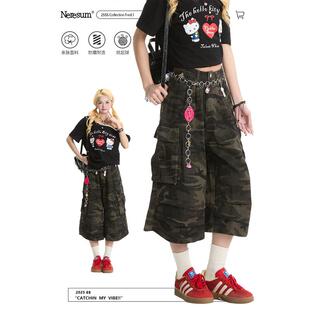 潮牌复古直筒阔腿短裤 NERESUM夏季 女新款 多口袋迷彩七分裤 美式