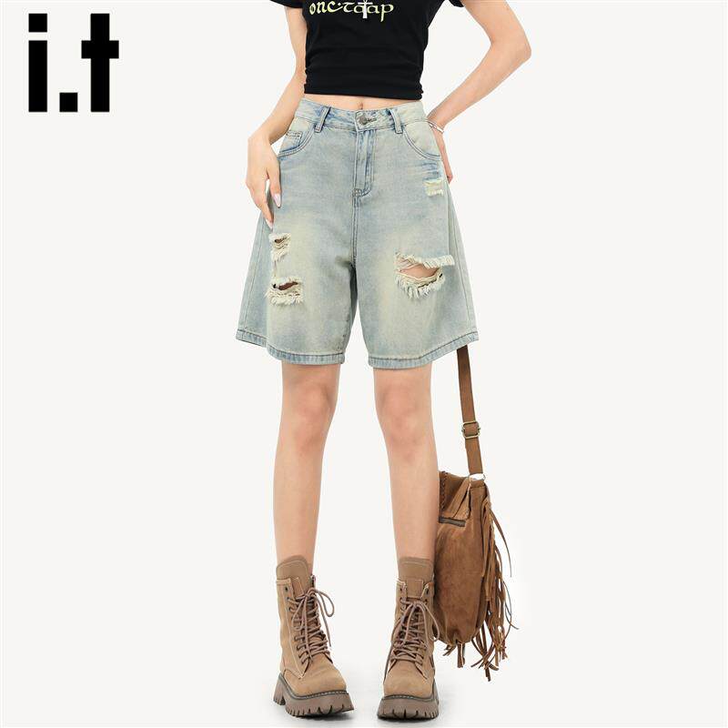 it:CHOCOOLATE浅色牛仔短裤女2025新款夏季破洞宽松直筒五分裤子