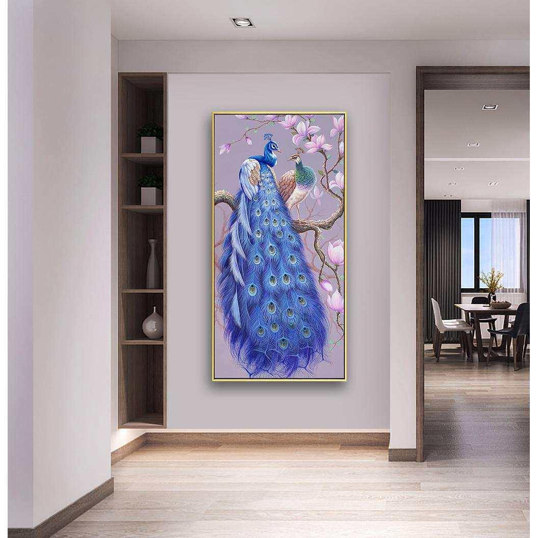 新中式手绘孔雀油画玄关装饰画客厅挂画美式过道竖版高端入户壁画